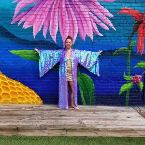 Iridescent Lavender Purple Sequin Kimono | Plus Size Kimono | Rave Kimono | Burning Man ⎪ Long Wizard Bell Sleeve ⎪ Music Festival