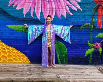 Iridescent Lavender Sequin Kimono | Long Bell Sleeve Festival Robe