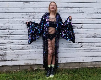 ジャムジャム　Hollow 衣装 Jumbo Raven Black Petrol Sequin Kimono Hooded | Rave Kimono