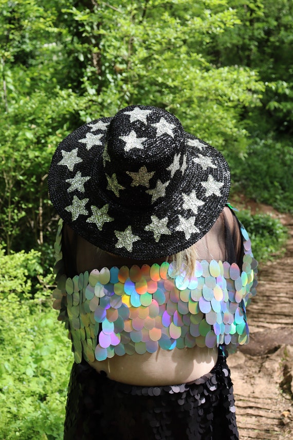 Star Sequin Cowboy Hat - Silver Sequin Wide Brim H