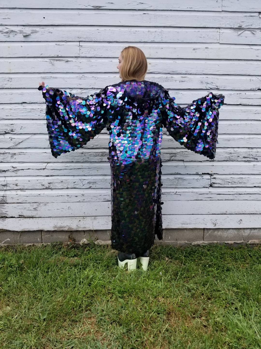 Jumbo Raven Black Petrol Sequin Kimono Hooded | Rave Kimono