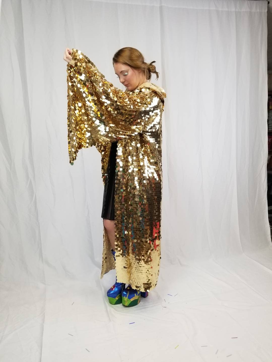 Hooded Gold Sequin Kimono Maxi Length Kimono Rave Kimono Etsy