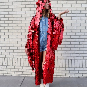 Red Holographic Glitter Hooded Sequin Kimono Plus Size Kimono Rave Kimono Burning Man Long Wizard Bell Sleeve Red Riding Hood image 6