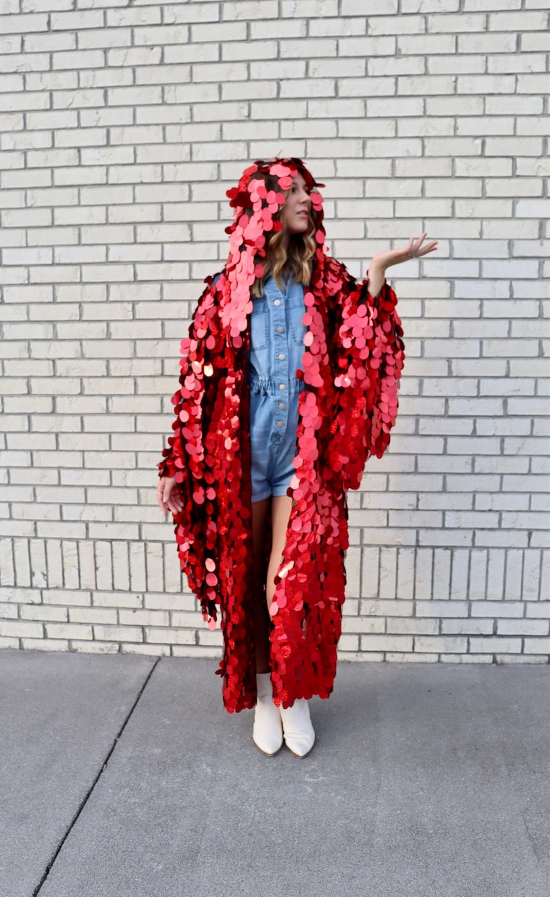 Red Holographic Glitter Hooded Sequin Kimono Plus Size Kimono Rave Kimono Burning Man Long Wizard Bell Sleeve Red Riding Hood image 6