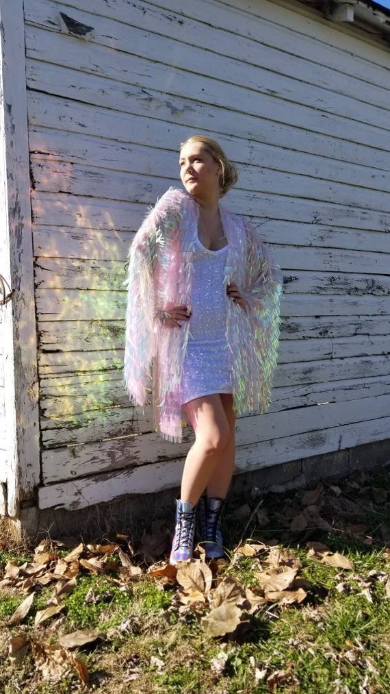 sequin kimono mini dress Pink Iridescent Bell Sleeve Sequin Kimono / Short Festival Robe / Rave Wizard Sleeve Cardigan