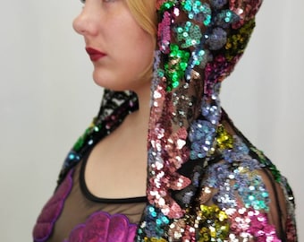 Hooded Floral Sequin Duster / Long Sheer Coat / Mesh Robe / Flower Lace Jacket / Sequin Kimono