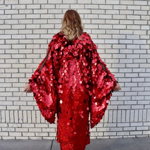 Red Holographic Glitter Hooded Sequin Kimono Plus Size Kimono Rave Kimono Burning Man Long Wizard Bell Sleeve Red Riding Hood image 4