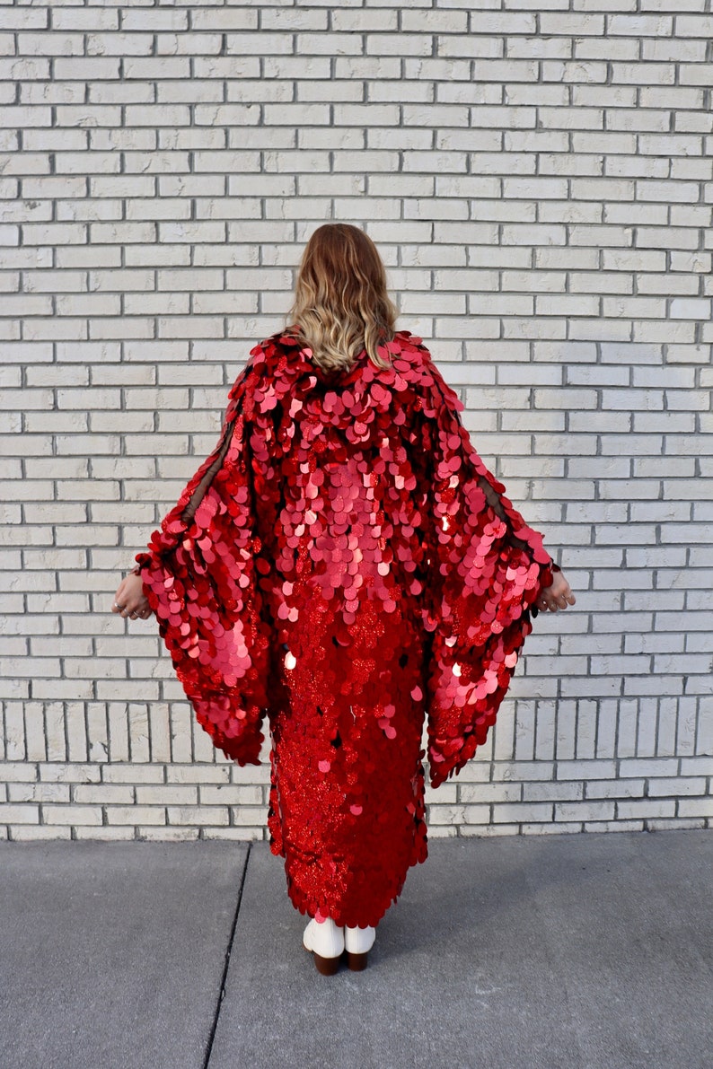 Red Holographic Glitter Hooded Sequin Kimono Plus Size Kimono Rave Kimono Burning Man Long Wizard Bell Sleeve Red Riding Hood image 4