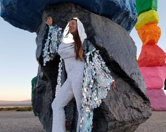 Holographic Silver Rainbow Mermaid Hooded Jumbo Sequin Kimono | Plus Size Kimono | Rave Kimono Long Wizard Bell Sleeve | Music Festival