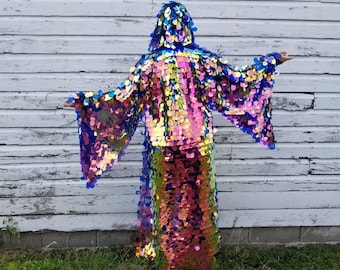 Iridescent Sequin Hooded Kimono | Long Bell Sleeve Rave Robe