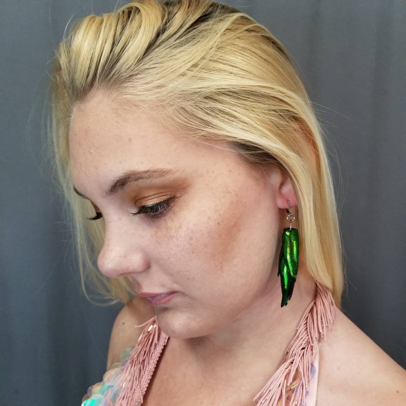 Lightweight Iridescent Green Beetle Wing Dangle Earrings image 5