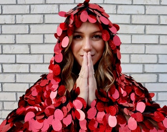 Red Holographic Sequin Kimono | Hooded Rave Bell Sleeve Robe