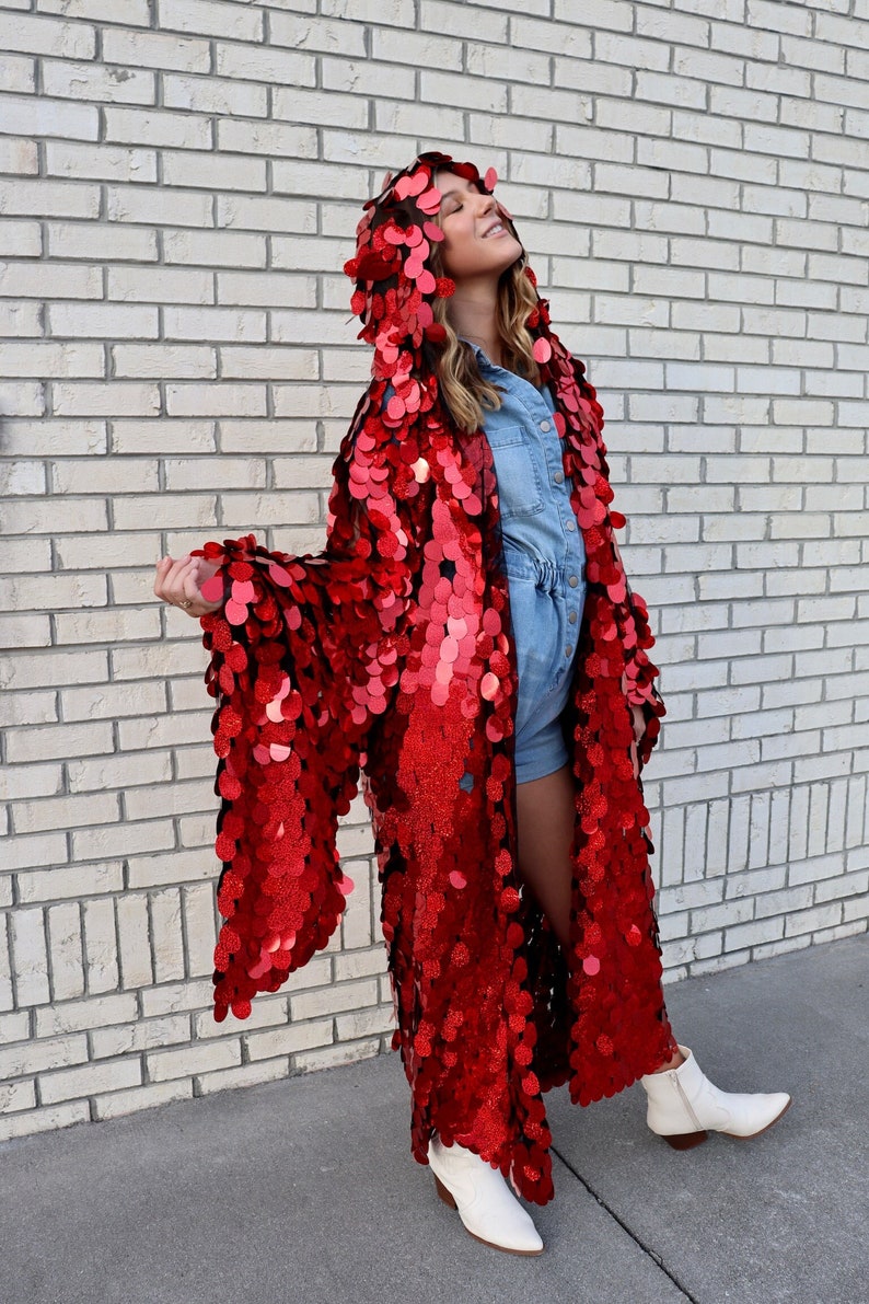 Red Holographic Glitter Hooded Sequin Kimono Plus Size Kimono Rave Kimono Burning Man Long Wizard Bell Sleeve Red Riding Hood image 1