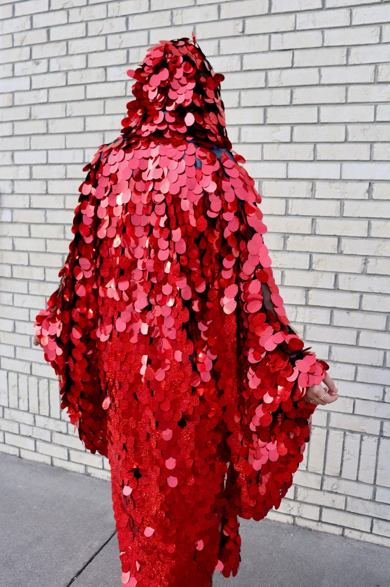 Red Holographic Glitter Hooded Sequin Kimono Plus Size Kimono Rave Kimono Burning Man Long Wizard Bell Sleeve Red Riding Hood image 7