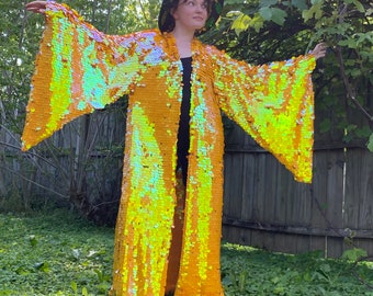 Iridescent Yellow Sequin Bell Sleeve Kimono Inspired Festival Robe Plus Size Available