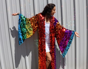 Rainbow Pride Sequin Bell Sleeve Kimono Inspired Festival Robe Plus Size Available