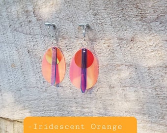 Upcycled Sequin Earrings / Holographic Iridescent Orange Iridescent Red Fire Sword Unicorn Dragon Fairy Mermaid Latch Back Earrings