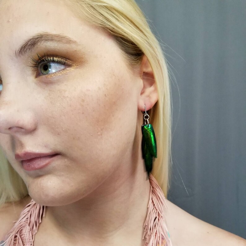 Lightweight Iridescent Green Beetle Wing Dangle Earrings image 6