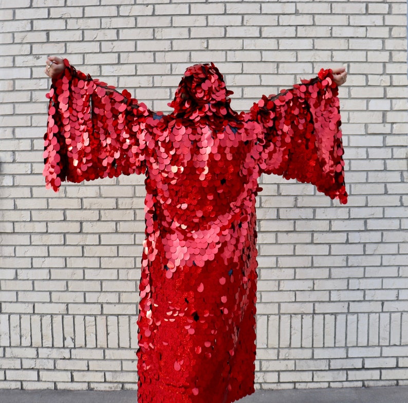 Red Holographic Glitter Hooded Sequin Kimono Plus Size Kimono Rave Kimono Burning Man Long Wizard Bell Sleeve Red Riding Hood image 2