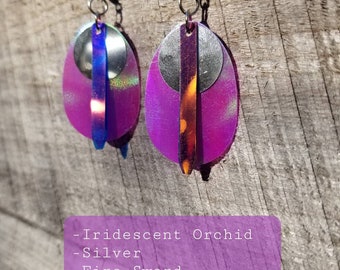 Upcycled Sequin Earrings / Holographic Iridescent Orchid Silver Fire Sword Unicorn Dragon Fairy Mermaid Latch Back Earrings