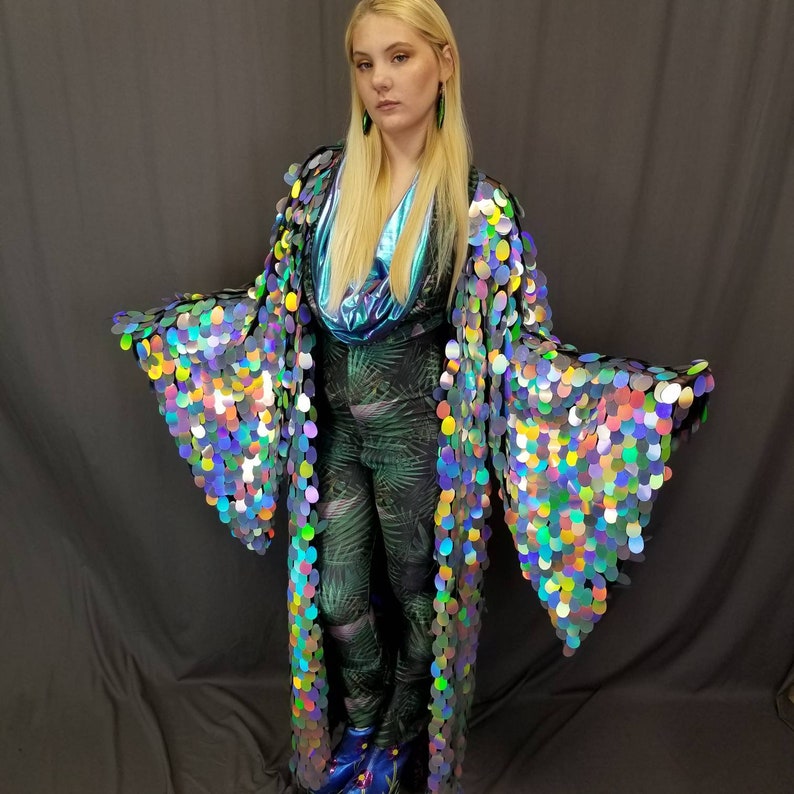 Holographic Silver Rainbow Sequin Kimono Kimono Rave Etsy