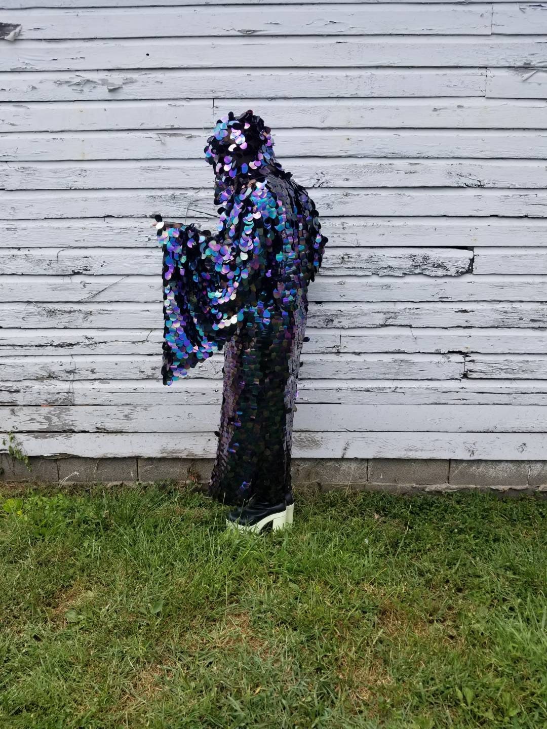 ジャムジャム　Hollow 衣装 Jumbo Raven Black Petrol Sequin Kimono Hooded | Rave Kimono