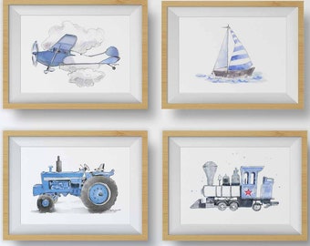 Light Blue Vehicle Prints for Baby and Toddler Boys Rooms, Transportation Wall Art Set