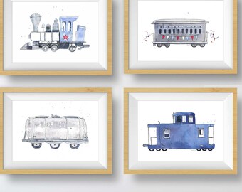 Light Blue Watercolor Train Prints, Boys Nursery Decor (Digital Download)