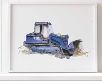 Op de afbeelding: Een aquarelillustratie van een blauwe bulldozer met zwarte omlijningen en inkt-details, afgebeeld in zijaanzicht. Het bouwvoertuig is getoond met een voorblad en rupsbanden, tegen een witte achtergrond in een omlijsting.