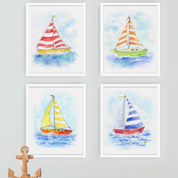 Sailboat Nursery Prints for Baby and Toddlers Room, Set of 4, Nautical Wall Art for Kids' Rooms, Watercolor Hand Painted