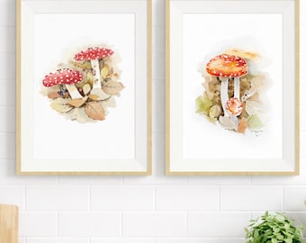 Red Mushroom Wall Art Set of 2, Watercolor Mushroom Prints, Cottagecore Decor, Botanical Toadstool Art, Kitchen Wall Decor