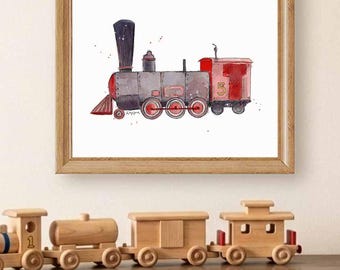 May include: A framed watercolor illustration of a steam locomotive train in shades of grey and red with the number 3 on the side, displayed above a natural wood toy train set consisting of an engine, a tanker, a boxcar, and a caboose.