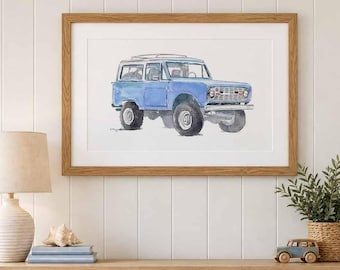 Light Blue Bronco Wall Art, Vintage 4x4 Print, Coastal Beach House Decor, Surf Inspired Art, Classic SUV Watercolor