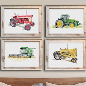 Farm Tractor Prints Set,  Nursery Decor, Watercolor Tractor Decor, Farmhouse Decor, Art Print, Tractor Nursery, Kids Wall Art