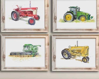 Farm Tractor Prints Set,  Nursery Decor, Watercolor Tractor Decor, Farmhouse Decor, Art Print, Tractor Nursery, Kids Wall Art