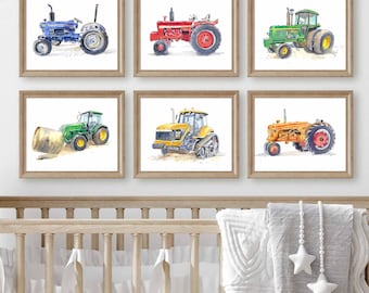 Farm Nursery Wall Art, Tractor Print Set, Boys Room Decor, Vintage Tractor Watercolor, Kids Farm Room