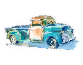 Turquoise Pickup Truck Print, Vintage Truck Wall Art, Gift for Husband, Boyfriend, Son in Law, Hand Painted Watercolor