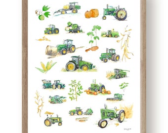 Groene tractoren print voor baby peuter of tiener jongens kamers, boerderij kwekerij muur decor, kinderkamer, poster, handgeschilderde aquarel