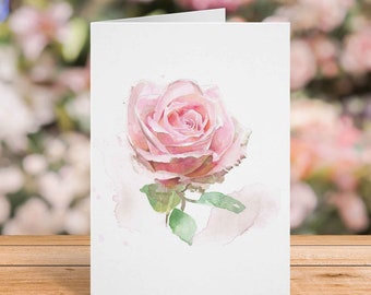 Pink Rose Card for Anniversary, Birthday, Valentine's Day for Mom, Girlfriend, Wife, Free Personalization, Watercolor