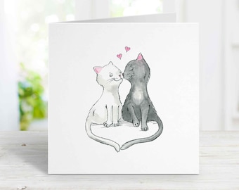 Kissing Cats Card, Free Personalization Greeting Card, Birthday, Anniversary Card for wife, girlfriend, husband, boyfriend, kid, Watercolor
