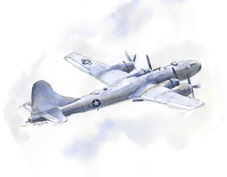 Set of 4 Military Airplane Prints for Boys Room, WWII Bombers Wall Art, B-17, B-24, B-25, B-29, Watercolor image 8