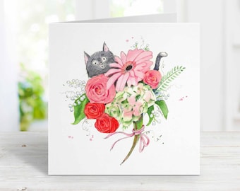 Gray Cat with Flowers Card, Get Well or Birthday Card for Mom, Wife, Girlfriend, Girl, From the Cat, Watercolor