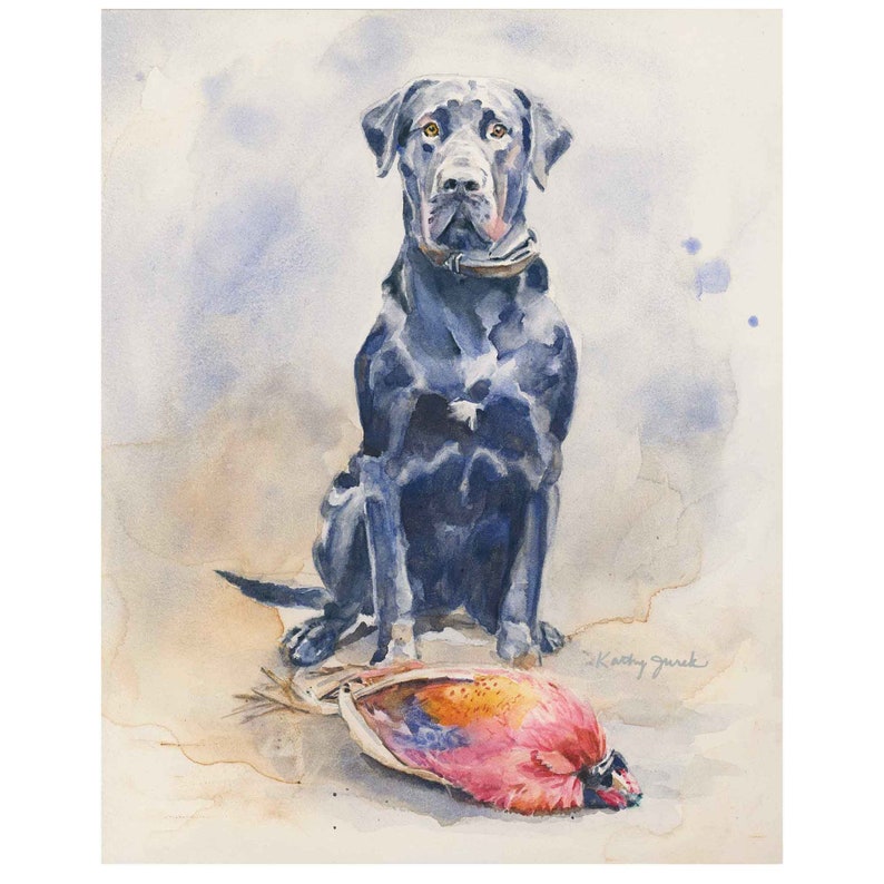 Black Labrador Retriever with Pheasant Art Print, Hunting Dog Wall Decor, Watercolor Painting, Gift for Husband, Boyfriend, Father's Day image 1
