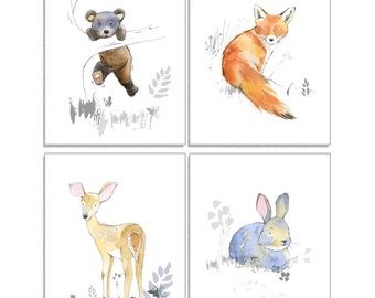 Woodland Animal Wall Art for Nursery, Baby and Toddler's Room Decor, Fox, Bunny, Bear, Owl, Hedgehog, Fawn, Squirrel, Watercolor