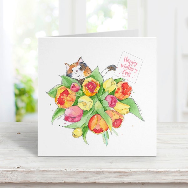 Calico Cat Mother's Day Card for Mom, Grandmother, Daughter, Girlfriend, Watercolor, Free Personalization