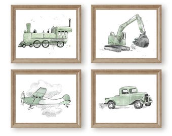 Sage Green Transportation Prints: Watercolor Nursery Art (Digital Download)