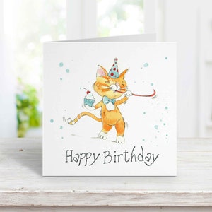 Orange Cat Birthday Card, Kids Birthday Card, Marmalade Cat Greeting Card with White Envelope, 5.25 x 5.25 in.