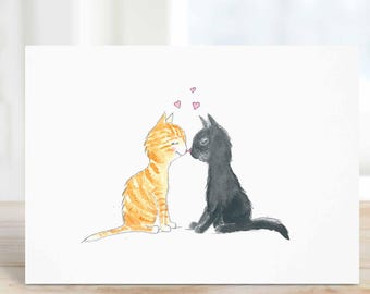 Kissing Cats Card, Black and Orange Tabby Cat, Birthday, Anniversary Card for wife, girlfriend, husband, boyfriend, Free Personalization