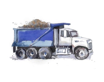 Blue Dump Truck Print for Baby and Toddler Boys Rooms, Construction Themed Nursery Wall Art, Watercolor, Digital Download