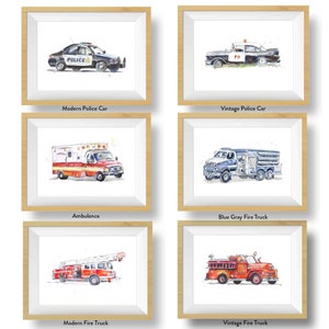 Emergency Vehicles Truck Prints for Toddlers Room, Kids Wall Art Set, Nursery Decor, Fire Truck, Police Car, Ambulance, Free Personalization image 2